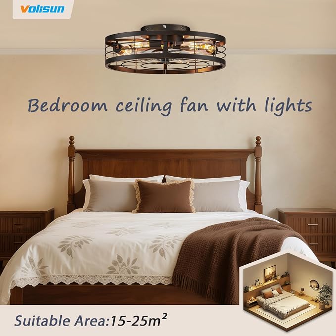 VOLISUN Caged Ceiling Fan with Light and Remote,19.7 inch Fandelier Ceiling Fan with Light Flush Mount, Farmhouse Bladeless Ceiling Fans with Lights for Kitchen,Bedroom