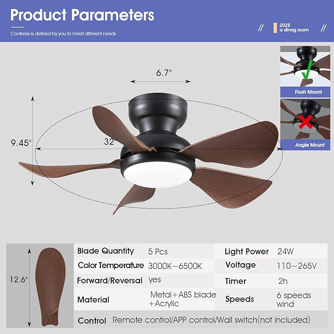 Kviflon 32 Inch Modern Ceiling Fans with Lights, Small Flush Mount Ceiling Fan with Light, Remote Control, 5 Reversible Curved Blades, 6 Speeds, 3 CCT Dimmable LED Lights for Kids Room Bedroom, Brown