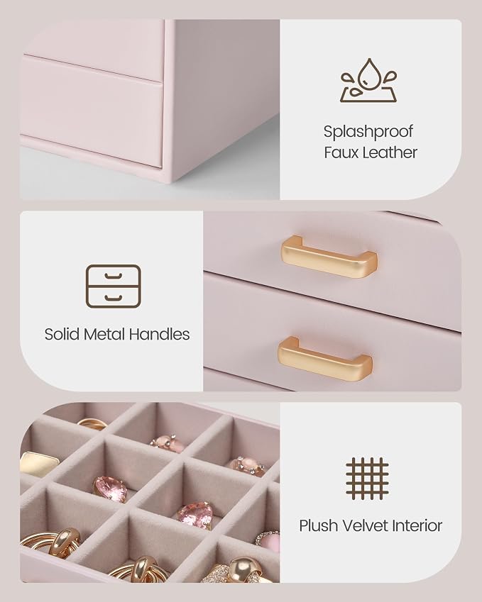 Lolalet Earring Organizer, Jewelry Box with Clear Lid -Pink, 5 Layer | PU Leather, Velvet, Removable Dividers, Dustproof, Easy Clean, For Studs Rings, Gift for Women Girls, Home Aesthetic Decor