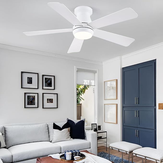 Hounberi 46 Inch Low Profile Ceiling Fan with Light, Modern Flush Mount Ceiling Fans for Low Ceilings, Quiet DC Motor Bedroom Fan, 3CCT Dimmable, Reversible Blades, High Airflow, Energy Saving, White