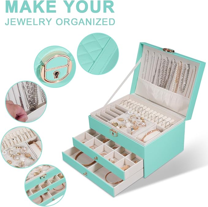 GUOER Jewelry Box for Women Girls, 3 Layers Large Jewelry Organizer (Teal) | Vintage Quilting Stitching PU Leather, Earrings Bracelets Rings Necklace Watches Storage Large Jewellery Holder Case Gifts