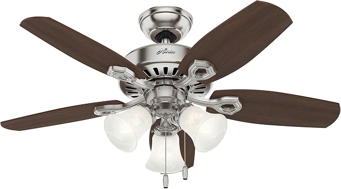 Hunter Builder, Indoor, Ceiling Fan, Pull Chain, 42 inch, Brushed Nickel | with LED Lights, Standard Mount, 5 Blades, For Bedroom, Living Room, Includes Bulbs, 52106