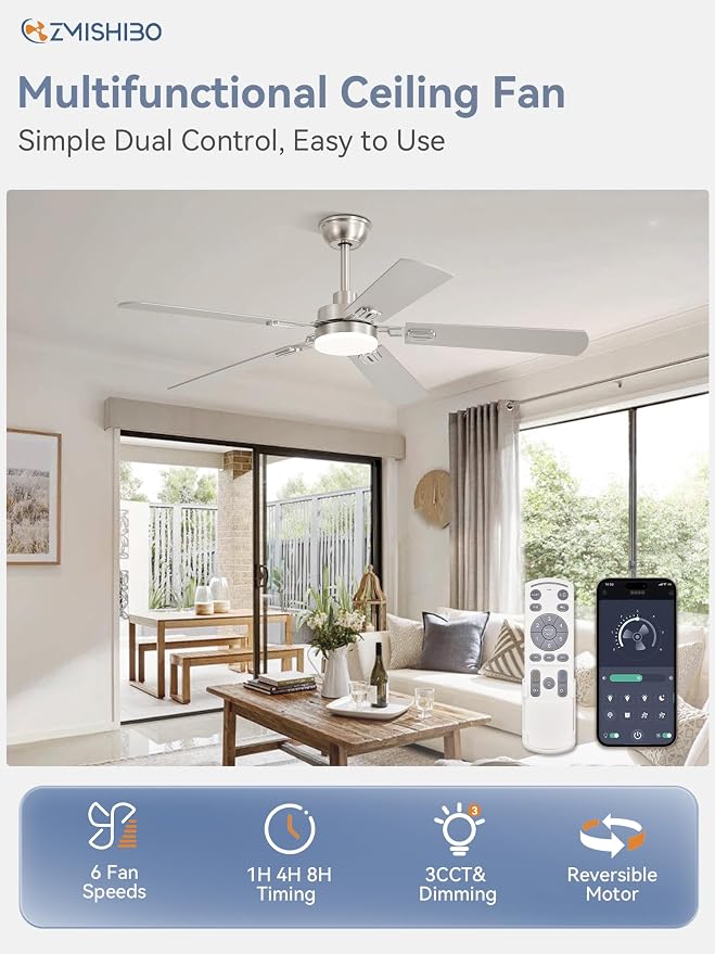 ZMISHIBO 52" Ceiling Fans with Lights, Nickel Modern Ceiling Fan with Remote & App Control, Bedroom Indoor Ceiling Fan with Dual Finish Blades, Quiet & Strong Motor, 24W Dimmable Bright LED Light.