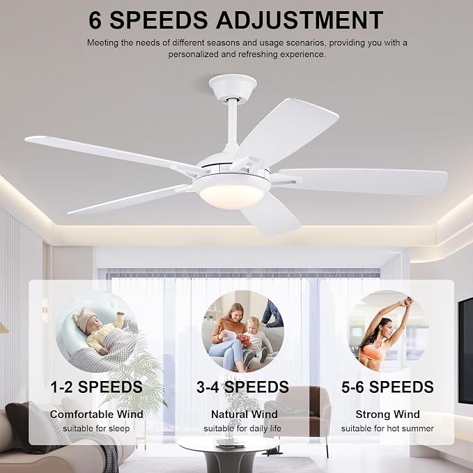 Kviflon 52 Inch Ceiling Fans with Lights and Remote, Modern Indoor Outdoor Ceiling Fan for Bedroom Living Room Patio Porch, 6 Speeds, Reversible Quiet Motor, Dual Finish Wooden Blades, White