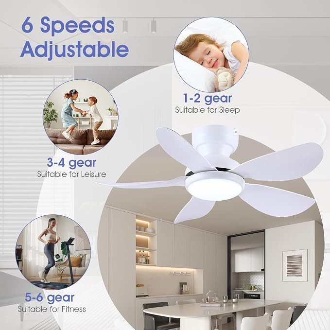 Kviflon 36 Inch Modern Ceiling Fans with Lights, Small Flush Mount Ceiling Fans, Remote/APP Control, 5 Reversible Curved Blades, 6 Speeds, 3 CCT Dimmable Lights for Kitchen Bedroom, White