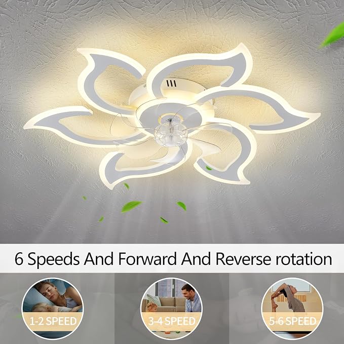 35" White Flower Ceiling Fan with Light Remote Control, 3 Light Color 6 Speeds Flush Mount Low Profile Ceiling Fan for Bedroom Kitchen