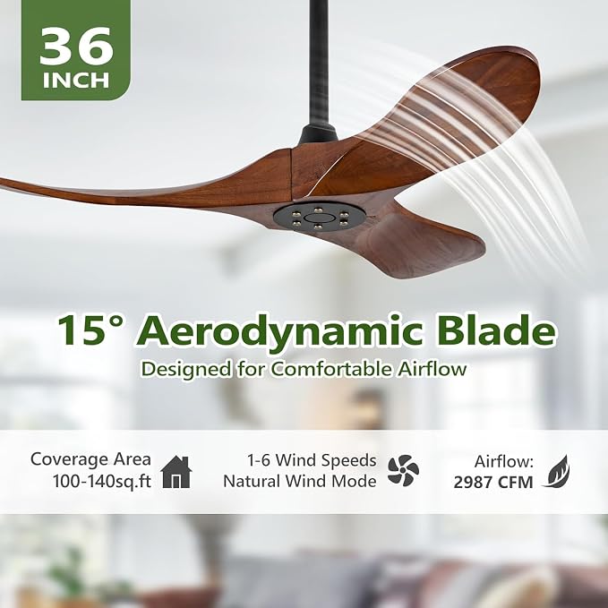 36 Inch Small Outdoor Ceiling Fans for Patios,Wood Ceiling Fans with Remote and Wall Control,6 Speeds,Reversible DC Motor,Noiseless,Porch small Ceiling Fans for Patio,Bedroom,Livingroom