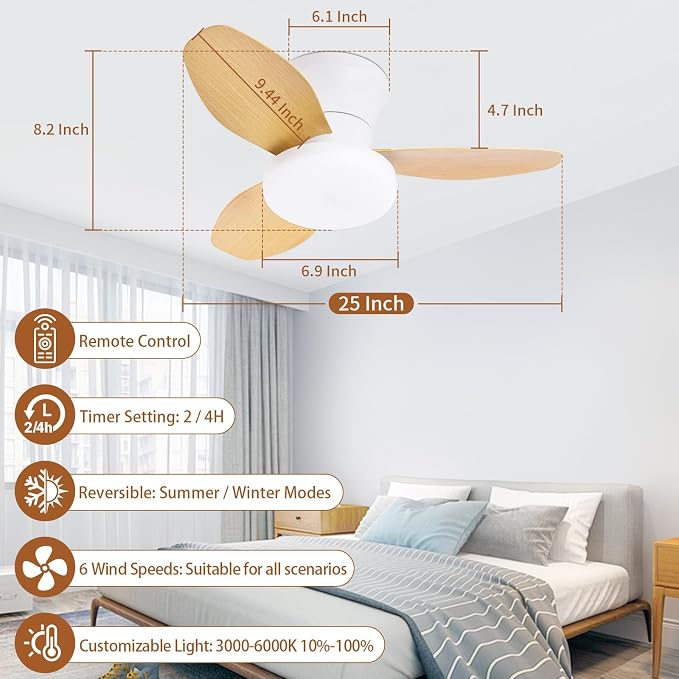 Small Ceiling Fan with Lights, 25 Inch Flush Mount with Remote Control, Reversible Quiet DC Motor, 3 Blades, 6 Speeds, Dimmable LED, Adjustable Color Temperature, Timer