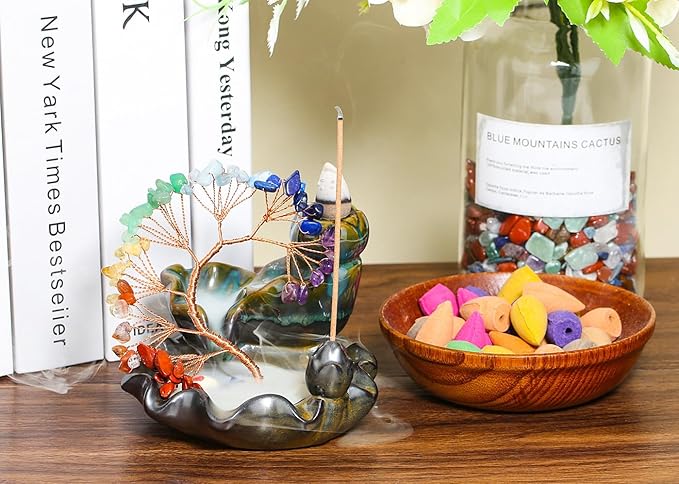 DUQGUHO Incense Holder Ceramic Backflow Incense Waterfall Burner Chakra Crystal Tree with 30 Burner Incense Cones for Room Home Zen Decor Meditation