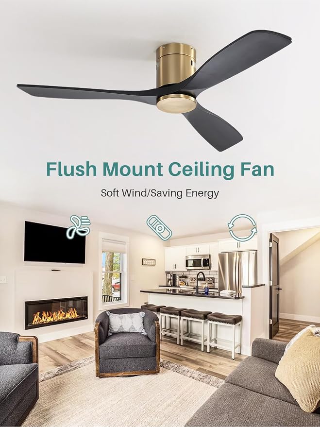 Sofucor 52 Inch Solid Wood Ceiling Fan Without Lights Flush Mount Ceiling Fans with Remote Control-Wood Blades Modern Outdoor Ceiling Fan No Light for Bedroom/Farmhouse/Patio/Indoor, Black Gold