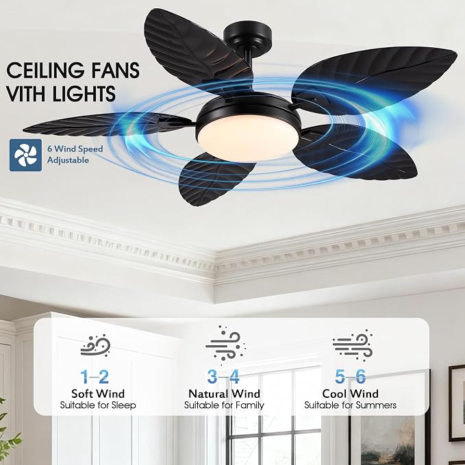 GJeg Tropical Ceiling Fans with Lights and Remote,52Inch Outdoor Palm Leaf Ceiling Fan for Patios Porch Bedroom, Dimmable LED Light, 6 Speeds, Reversible,Black