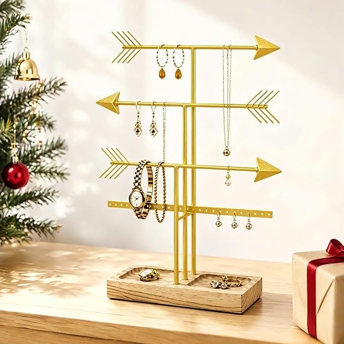 Urban Deco Arrow Jewelry Organizer Stand 4-Tier Gold Jewelry Stand Necklace Organizer With Wooden Ring Holder For Jewelry Display Bracelet Holder Stand Earring Organizer For Girls - Gold