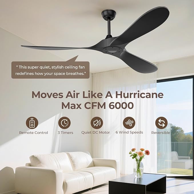 Obabala 60 Inch Ceiling Fan Without Lights, Black | Outdoor Ceiling Fan with Remote, 6-Speed Adjustable Reversible DC Motor for Patio & Living Room Black