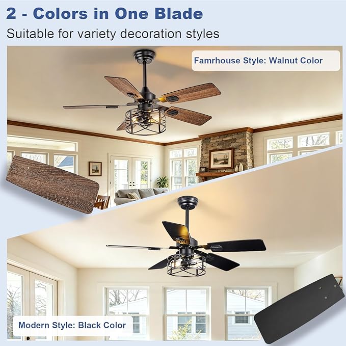 Depuley 42-Inch Ceiling Fans with Lights: Caged Ceiling Fans Dual Finish 5 Blades - Rustic Ceiling Fan with Remote Control for Farmhouse Living Room Outdoor Porch Noiseless (Black Walnut)