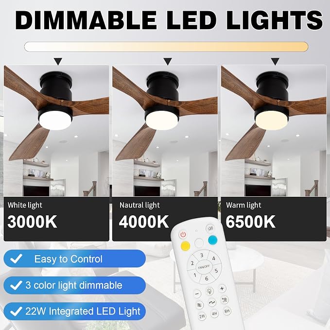 52 Inch Ceiling Fan with Lights Remote, Amber Solid Wood Ceiling Fan
