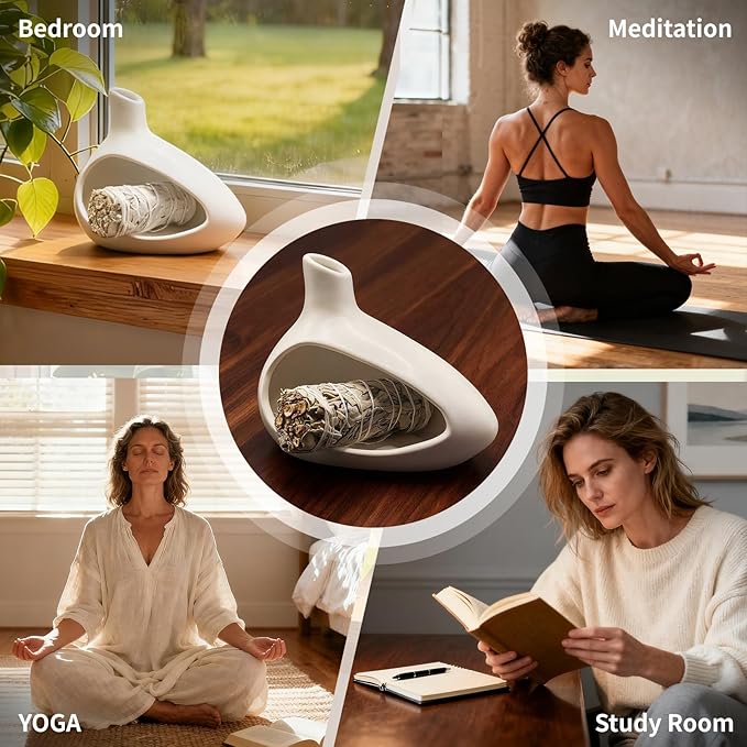 Palo Santo Holder, Ceramic Incense Burner for Sticks Sage Holders Cone Burning Smudge Bowl with Ash Brush for Meditation Yoga Spa Room Decor (White)