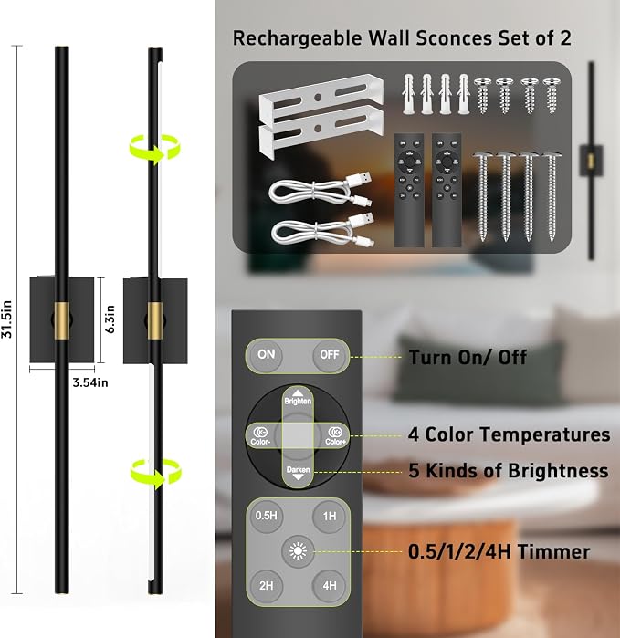 iThird Battery Operated Wall Sconces Set of 2: 10000mAh Rechargeable Wall Lights with Remote Control, 360° Rotate Wireless Wall Scone Decor for TV/Mirror Bedroom Living Room, 31.5 Inch, Black