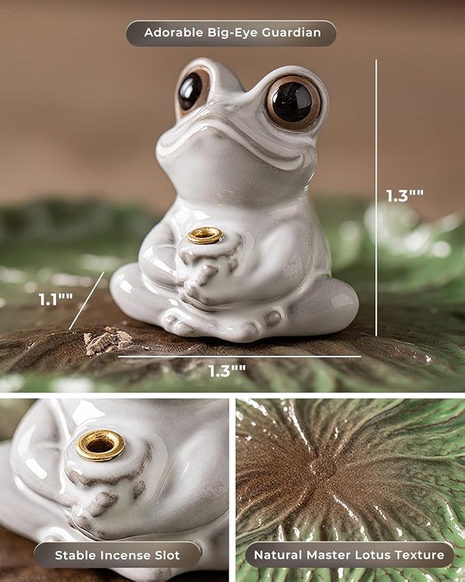 Ceramic Incense Stick Holder - Cute Frog Incense Burner with Lotus Leaf Tray Ash Catcher, Handcrafted Zen Decor for Home, Meditation, Yoga, Gift