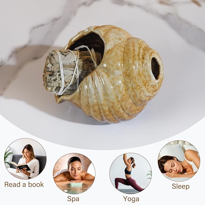 MOUGIGI Mini Conch Chiminea Palo Santo Burner - Ceramic Smudging Bowl/Incense Chimney Works with Palo Santo Sticks/Sage/Copal,Tabletop Altar, Thoughtful Gifts for Meditation, Yoga, Aromatherapy