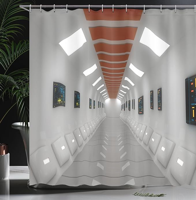 Ambesonne Futuristic Shower Curtain, Space Station UFO Futuristic Hallway with High Technology Laboratory Photo Artwork, Cloth Fabric Bathroom Decor Set with Hooks, 69" W x 75" L, White