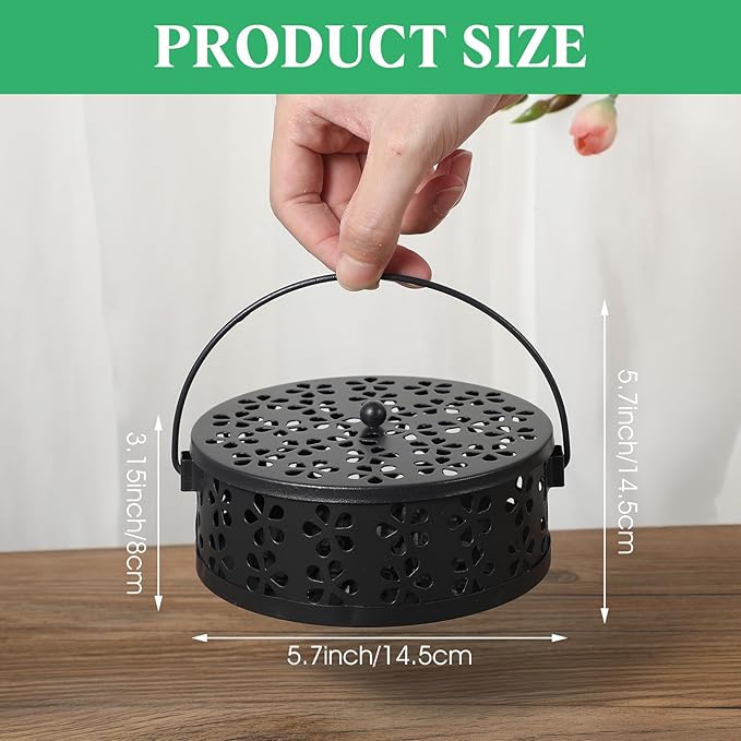 4 Pcs Mosquito Coil Holder Incense Coil Holder, Retro Iron Portable Hanging Outdoor Incense Burner Holder with Handle Round Metal Incense Holder for Home Camping Indoor Outdoor Patio (Black)