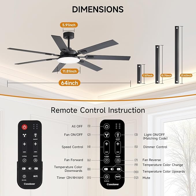 64 Inch Ceiling Fans with Lights and Remote, Bedroom Living Room Office Library Cafe Outdoor Industrial, 5CCT Dimmable, Dual Color 7 Blades, 6 Speed Reversible Quiet DC Motor, Black/Wood Grain