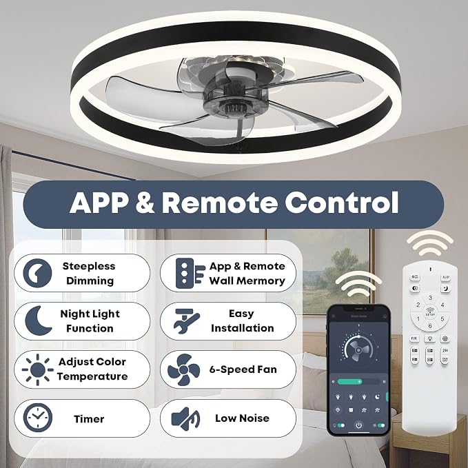 FSZDORJ 20'' Ceiling Fan with Light and Remote, Low Profile Ceiling Fan with Light, Dimmable Flush Mount Ceiling Fan Light, 6 Speeds Fan, App&Remote Control, Fandelier Quiet Fan for Bedroom F105 Black