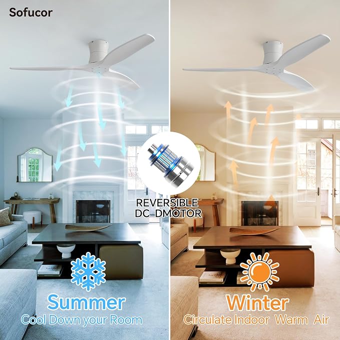 Sofucor 52" Solid Wood Ceiling Fan No Light, Low Profile Flush Mount Ceiling Fan with Remote, Outdoor Modern Ceiling Fan 6-Speed Timing Reversible DC Motor Noiseless for Living Room Bedroom Patio