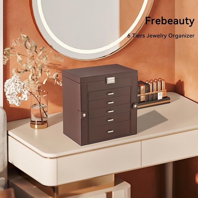Frebeauty 6-Layer Jewelry Box for Women,Large Jewelry Organizer with Drawer | Faux Leather,Built-in Mirror,Spacious Jewelry Storage,16 Necklace Hooks,Organizing by Category for Rings Earrings Bracelet