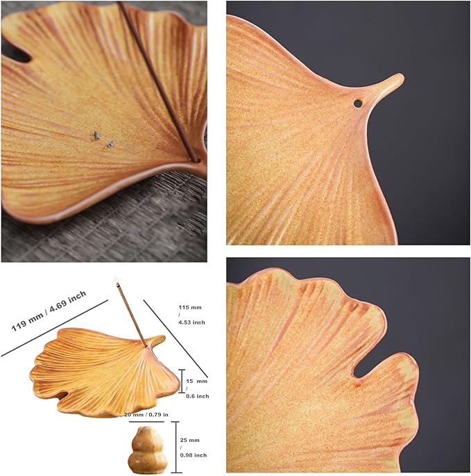 Ceramic Incense Holder,Incense Burner Tray for Sticks,Coil,Cone,Handcrafted Burner Ash Catcher for Yoga Meditation Energy Cleansing Room Décor (Orange, Ginkgo Leaf & Gourd)