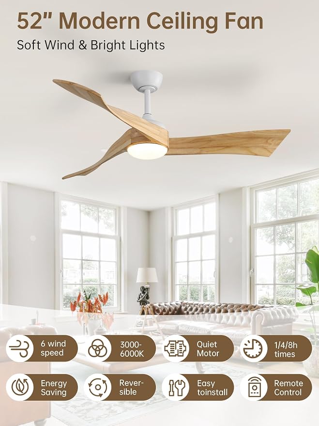 Sofucor 52 Inch Ceiling Fan with Light and Remote, Modern 3 Solid Wood Blades Ceiling Fan, 6 Speeds 5500CFM, Dimmable 3-Color LED with Memory, Timer & Quiet & Reversible DC Motor, ETL, Nature Wood