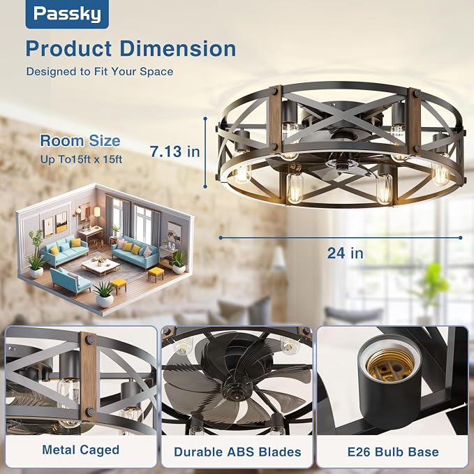Passky 24" Farmhouse Flush Mount Ceiling Fans with Lights and Remote, Industrial Black Caged Low Profile Fandelier, 6 Speeds Bladeless Ceiling Fan for Bedroom, Kitchen, Living Room