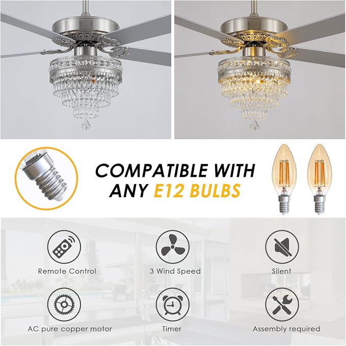 52" Silver Crystal Chandelier Ceiling Fans with Lights and Remote Control | Classical Design,6 Reversible Speeds,30W Quiet DC Motor,5 Wooden Blades,2*E12 LED Bulbs Included,for Living Room Bedroom