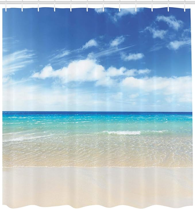 Ambesonne Ocean Shower Curtain, Tropical Sandy Beach at Summer Sunny Day Holiday Vacation Theme Image Print, Cloth Fabric Bathroom Decor Set with Hooks, 69" W x 70" L, Ivory Blue