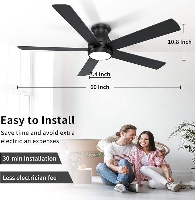 POCHFAN 60 Inch Black Ceiling Fans with Lights and Remote, LED Low Profile Flush Mount Ceiling Fan for Bedroom, Living Room, Quiet DC Motor, Dimmable 6 Speeds
