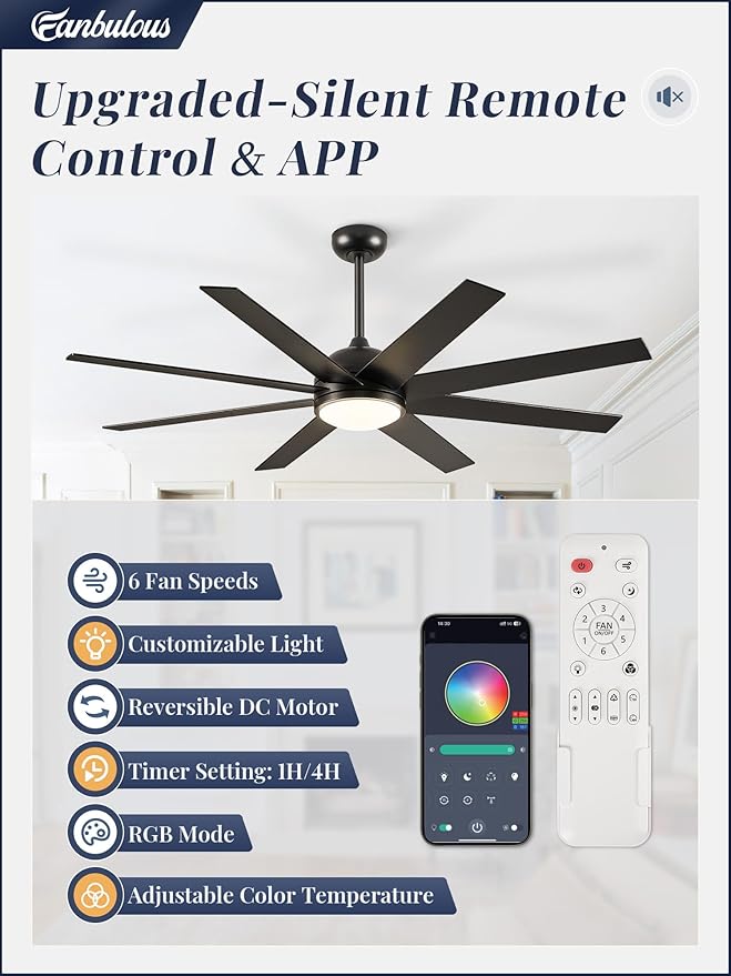 Fanbulous 60 Inch RGB Ceiling Fans with Lights and Remote&APP Control, Black Smart Ceiling Fan with Quiet Reversible DC Motor, 6 Speeds, 3CCT, Dimmable, Large Ceiling Fan for Living Room Bedroom