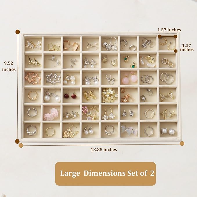 Large Velvet Jewelry Tray Display Drawer Inserts 2 Pack | Stackable Jewelry Organizer for Earring Bracelet Necklace Ring (Beige, 48 Grids)