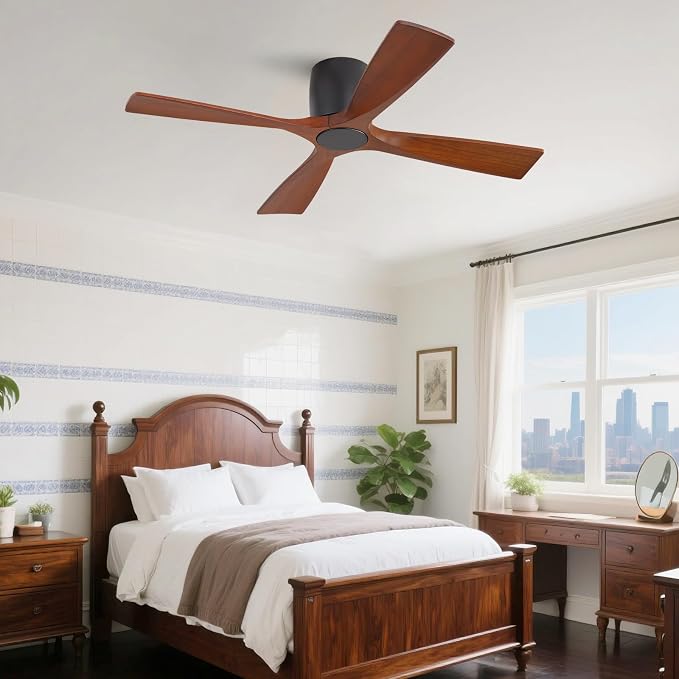 WINGBO 54 Inch Ceiling Fan Without Light, Solid Wood Flush Mount Ceiling Fan with Remote Control, Reversible Quiet DC Motor, 4 Blades, 6-Speed, for Bedroom & Living Room, Matte Black+Walnut