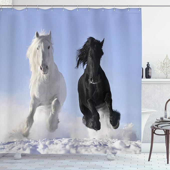 Ambesonne Horses Shower Curtain, Competing Racing Black and White Horses on Snow and Evil Mythical Symbolic Creatures, Cloth Fabric Bathroom Decor Set with Hooks, 69" W x 75" L, Blue