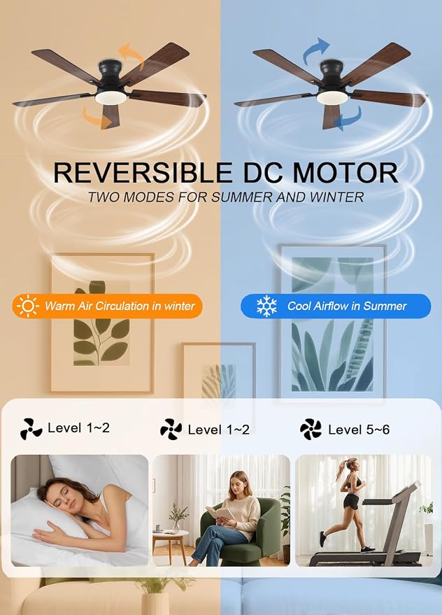 JSAITEE Ceiling Fans with Lights, 52Inch Low Profile Ceiling Fan with Light and Remote/App Control, Modern Flush Mount Brown Ceiling Fan, 3CCT Dimmable, Reversible DC Motor, for Living Room,Bedroom
