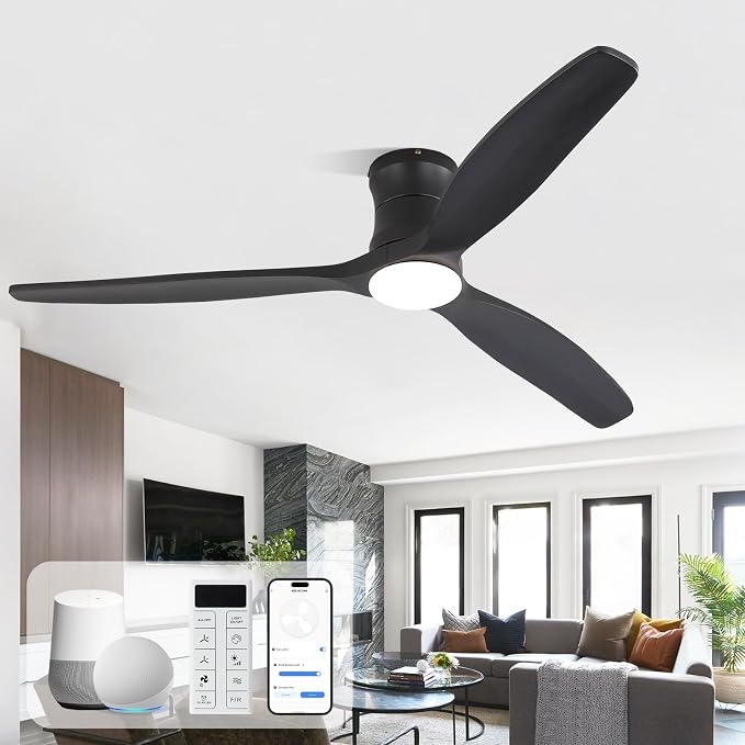 Sofucor 52" Smart Ceiling Fan, Solid Wood Ceiling Fan with Lights and Remote, Flush Mount Ceiling Fan Works with Alexa/Google/App, Dimmable 6-Speed Timing Reversible DC Motor for Bedroom Living Room