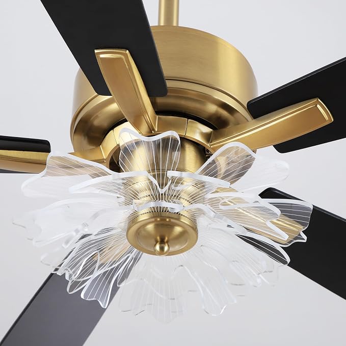 52 Inch Gold Ceiling Fans with Lights and Remote, Modern PS Petal Crystal Black and Gold Ceiling Fan for Bedroom Living Room Apartment 3CCT Dimmable Indoor Room Chandelier, 6 Speeds DC Motor