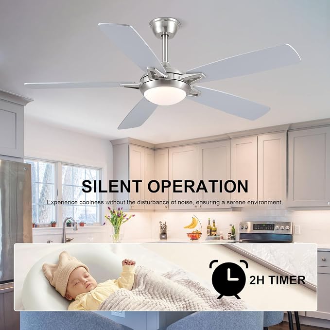Kviflon 52 Inch Ceiling Fans with Lights and Remote, Modern Indoor Outdoor Ceiling Fan for Bedroom Living Room Patio Porch, 6 Speeds, Reversible Quiet Motor, Dual Finish Wooden Blades, Nickel