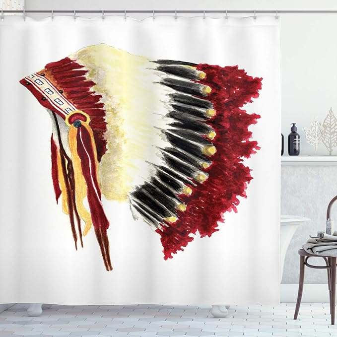 Ambesonne Tribal Shower Curtain, Original Symbolic Eagle Feather Headdress Native Life Style, Cloth Fabric Bathroom Decor Set with Hooks, 69" W x 75" L, Ivory Black