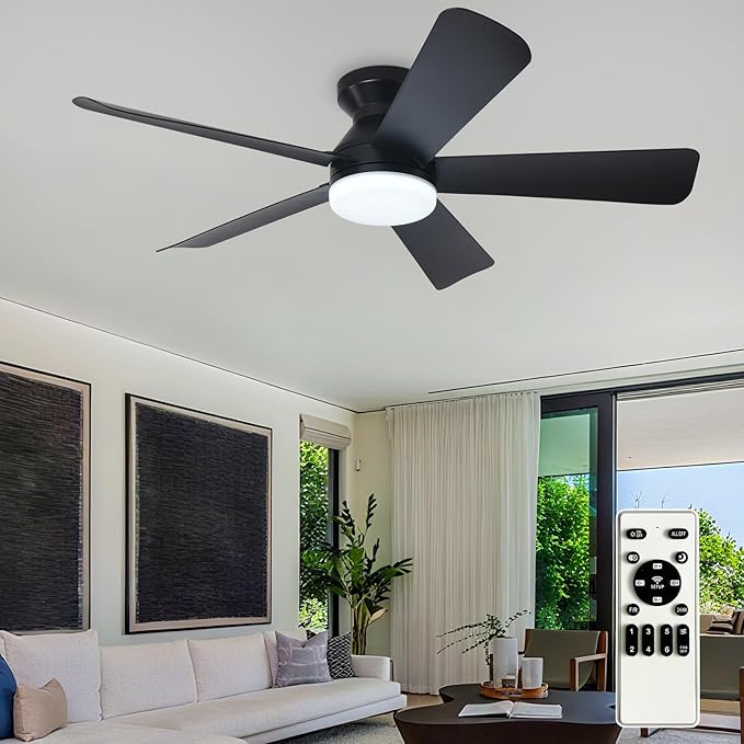 Ceiling Fans with Lights and Remote: 42 Inch Ceiling Fan with Light Low Profile - Flush Mount Ceiling Fan 5 Blades Reversible 3CCT Dimmable Noiseless for Bedroom (Black)