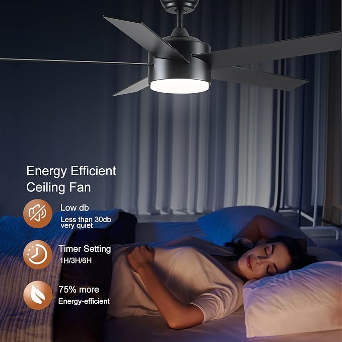 POCHFAN 52 inch Black Ceiling Fans with Lights and Remote Control, Noiseless Modern Ceiling Fan for Bedroom, Living Room, Dining Room, Dimmable 3CCT 6-Speed ETL Listed
