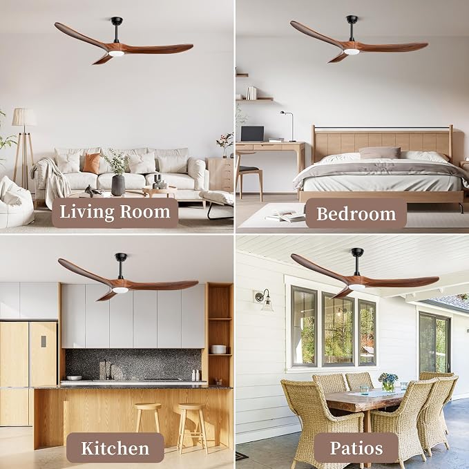 Obabala 70" Outdoor Ceiling Fan with Light and Remote, Solid Wood 3-Blade Ceiling Fan with DC Motor for Patio and Farmhouse, Dark Walnut