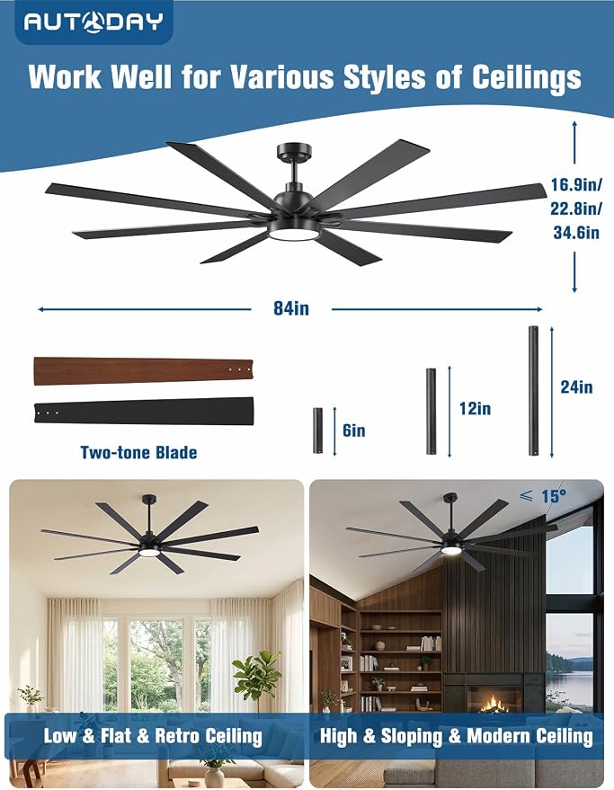 84 Inch Ceiling Fan with Light - Large Indoor/Outdoor Ceiling Fans with Lights and Remote, Large Air Volume, Quiet DC Motor, 3 CCT, Dimmable Walnut/Black Ceiling Fan for Living Room/Patios