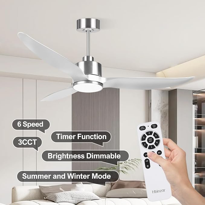 52 Inch Silver Ceiling Fan with Lights and Remote High CFM 3 Blades | Quiet DC Motor, Sleek, Reversible Motor, Timer, 6 Speeds, for Indoor Outdoor Bedroom Living Room Kitchen