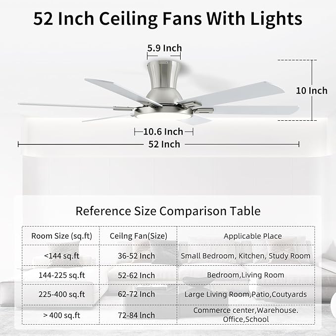 52 Inch Brushed Nickel Ceiling Fans with Lights and Remote,Flush Mount Low Profile 6 Blades Ceiling Fan with 10 Inch Lighting Fixture,Quiet Reversible DC Motor for Living Room,Bedroom and Patio